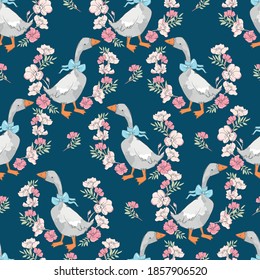 Seamless pattern hand drawn cute goose and flowers vector illustration Print design for textiles
