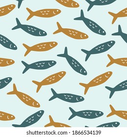 Seamless pattern with hand drawn cute colorful fish on a blue background. Doodle, simple illustration. It can be used for decoration of textile, paper and other surfaces.