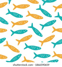 Seamless pattern with hand drawn cute colorful fish on a white background. Doodle, simple illustration. It can be used for decoration of textile, paper and other surfaces.