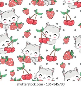 Seamless pattern hand drawn cute cat and Strawberry and cherry berries background childish vector illustration kitten holding berries print 