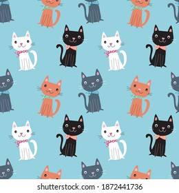 Seamless pattern with hand drawn cute cartoon sitting cats with kerchiev, anime style isolated on blue green background. For kids fabric, wallpaper, wrapping paper, prints. vector eps 10 illustration