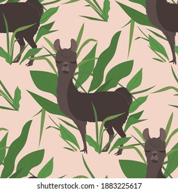 Seamless pattern with hand drawn cute flat boho llamas and plants in neutral colors. On pink background.