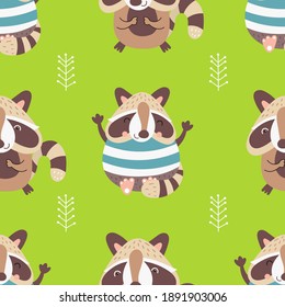 Seamless pattern with hand drawn cute raccoons on green background. Vector kids illustration for nursery design. Racoon boho fabric for baby clothes, wrapping paper.