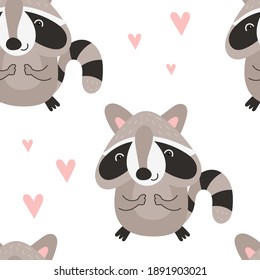 Seamless pattern with hand drawn cute raccoon and hearts in bohemian style. Vector kids illustration for nursery design. Racoon boho fabric for baby clothes, wrapping paper.