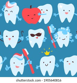 Seamless pattern with hand drawn cute teeth on blue background. Vector decorative illustration for dental design.