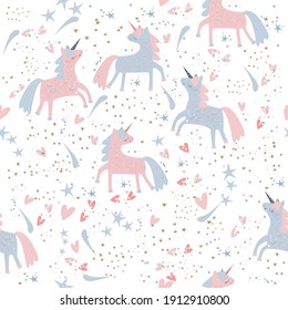 seamless pattern with hand drawn cute pink unicorns. Vector texture in childish style great for fabric and textile, wallpapers, backgrounds, cards design