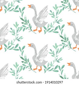 Seamless pattern hand drawn cute goose vector illustration farm bird