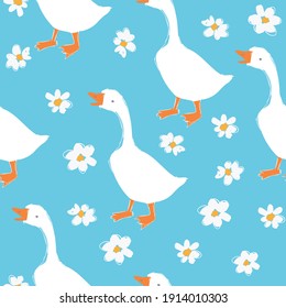 Seamless pattern hand drawn cute goose blue background vector illustration farm bird