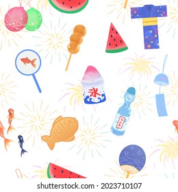 Seamless pattern with hand drawn cute Japanese Summer Festival Elements with fireworks. Translation of Japanese characters: Ramune (lemonade) and ice. Vector Illustration EPS 10