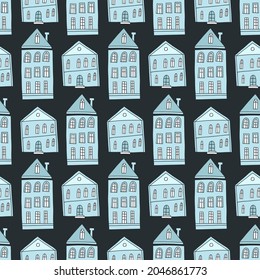 Seamless pattern of hand drawn cute houses. Vector seamless background.