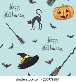 Seamless pattern with hand drawn cute Halloween witch with pumpkin, cat and broom. Vector illustration.