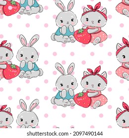Seamless pattern hand drawn cute cat and bunny with strawberry vector illustration childish design print for baby textiles background