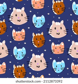 Seamless pattern with hand drawn of cute cat heads in childish style isolated on blue background.