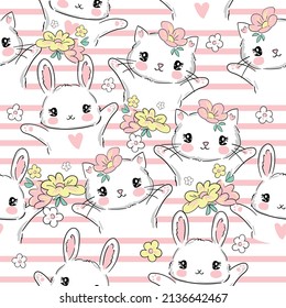 Seamless pattern hand drawn cute cat and bunny with flowers vector illustration childish design print for baby textiles and background