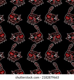 Seamless pattern with hand drawn cute cats unicorn. Draft in pink, blue and purple colours. Classic style. Perfect for kids fabric, textile, nursery wallpaper. Cartoon cat Vector illustration.