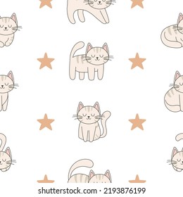 Seamless pattern hand drawn cute cats. Perfect for scrapbooking, greeting card, poster, sticker kit. Doodle style illustration for decor and design.
