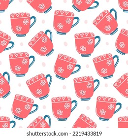Seamless pattern with hand drawn cute colored ceramic cups on a white background. Doodle, simple flat illustration. It can be used for decoration of textile, paper.