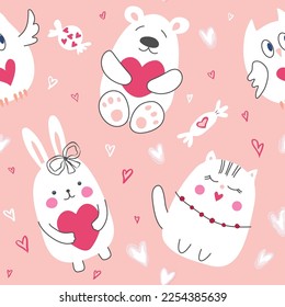 Seamless pattern with hand drawn cute animals.Background for covers, cards, textiles, Valentine's Day greetings and more