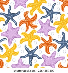 Seamless pattern with hand drawn cute starfishes. Marine dweller. Concept of sea and ocean life. Modern print for fabric, textiles, wrapping paper. Vector illustration