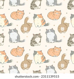 Seamless Pattern of Hand Drawn Cute Cat Design on Light Yellow Background