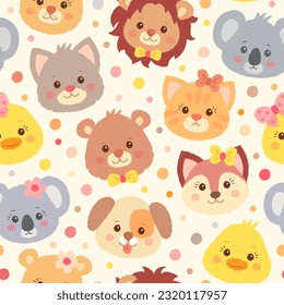 Seamless pattern with hand drawn cute baby animals. Cartoon childish background. Fabric print template. Vector illustration