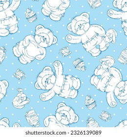 Seamless pattern with hand drawn cute teddy bears in shorts sketch style, vector illustration on blue background. Decorative design for wrapping and packaging, cute toy with hearts and rabbits