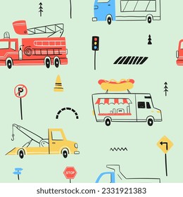 Seamless pattern with hand drawn cute car. Cartoon cars, road sign,zebra crossing vector illustration.Perfect for kids fabric,textile,nursery wallpaper