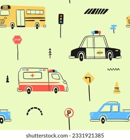 Seamless pattern with hand drawn cute car. Cartoon cars, road sign,zebra crossing vector illustration.Perfect for kids fabric,textile,nursery wallpaper