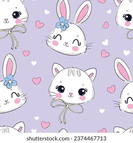 Seamless pattern hand drawn cute cat and bunny with heart vector illustration childish design print for baby textiles and background