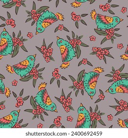 Seamless pattern with hand drawn cute birds and flowers motifs. Retro style floral wallpaper