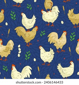 Seamless pattern with hand drawn cute cartoon hens and roosters isolated on blue background. Sketch doodle chicken wallpaper, wrapping paper or textile design template. Farm bird. Vector illustration