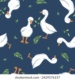 Seamless pattern hand drawn cute goose and leaves vector illustration. Print design for textiles