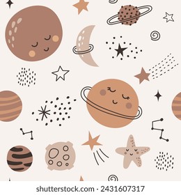 Seamless pattern with hand drawn cute planets, stars, space elements. Perfect for kids fabric, textile, nursery wallpaper. Vector illustration.