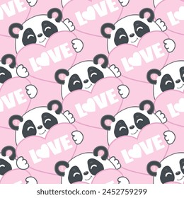 Seamless pattern with hand drawn cute pandas and hearts for Valentine's Day, mother's day, birthday, wedding. Pink background. Doodles, sketch. Vector illustration.