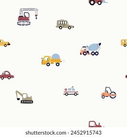 Patrón sin fisuras con el coche lindo dibujado a mano. Carros de dibujos animados, señales de tráfico, Ilustración vectorial de paso de cebra . Perfecto para niños de tela, textil, Fondo de pantalla de guardería