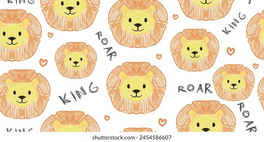 Seamless pattern of hand drawn cute lion faces illustration. Funny animal for children fashion textile and print.