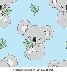 Nahtloses Muster mit handgezeichneter niedlicher Koala-Blau-Hintergrund-Vektorgrafik 