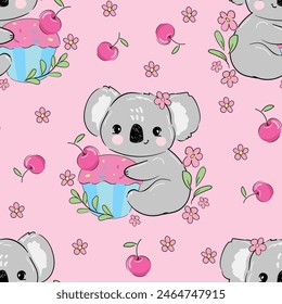 Seamless pattern with hand drawn cute koala and sweet cake pink background vector 