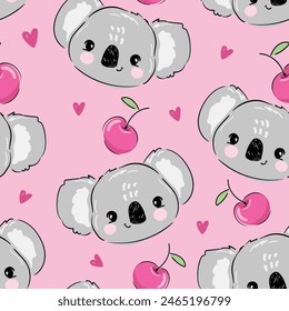 Seamless pattern with hand drawn cute koala and cherry pink background vector 