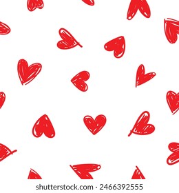  Seamless pattern with hand drawn cute red hearts ink vector illustration