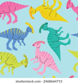 Seamless pattern with hand drawn cute colorful dinosaurs, hand drawn vector illustration