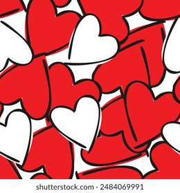 Seamless pattern with hand drawn cute red hearts ink vector illustration