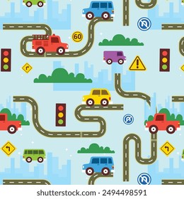 Seamless pattern with hand drawn cute car. Perfect for kids fabric, textile, nursery wallpaper.