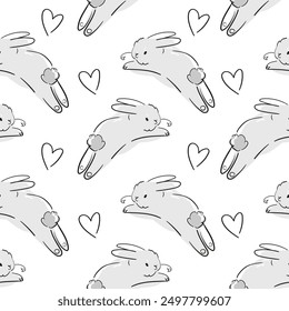 Seamless pattern with hand drawn cute bunny and heart vector trend print design for kids