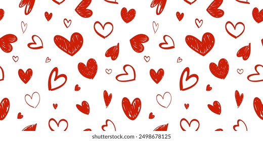 Seamless pattern with hand drawn cute red hearts vector illustration.  Heart shaped vector illustration set. Mothers day, greeting card, wallpaper or gift wrapping design.