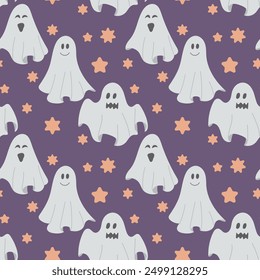 Seamless pattern with hand drawn cute ghosts and stars in flat style. Funny textile or wrapping design of characters with different face expressions.