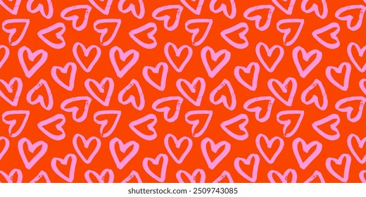 Seamless pattern with hand drawn cute hearts on red background. Romantic print, doodle texture elements, scribble.