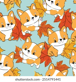 Seamless pattern with hand drawn cute Corgi dog print background vector 