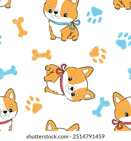 Seamless pattern with hand drawn cute Corgi dog print background vector 