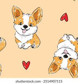 Seamless pattern with hand drawn cute Corgi dog and red hearts print background vector 